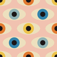 Seamless pattern with minimal 20s geometric design with eyes, vector template with primitive shapes elements