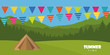 camping time outdoor summer landscape with tent and party flag vector illustration EPS10