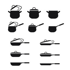 Wall Mural - Vector set of kitchen utensils icons. Collection pots and pans with lids.