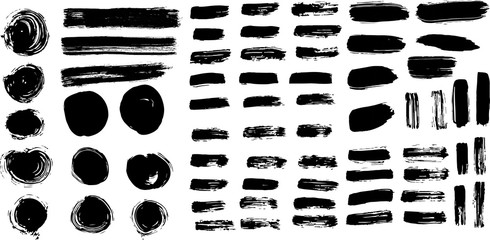 Modern stylish collection of black labels, ink brush strokes, brushes, background, paint text.Dirty artistic design elements. Vector illustration. Isolated on white background.