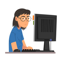 Sticker - Bored Woman Working with Computer, Lazy Female Employee Procrastinating at Workplace, Unmotivated or Unproductive Office Worker Character Vector Illustration