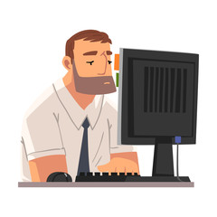 Sticker - Bored Business Employee Man Working with Computer, Lazy Man Procrastinating at Workplace, Unmotivated or Unproductive Manager Character Vector Illustration