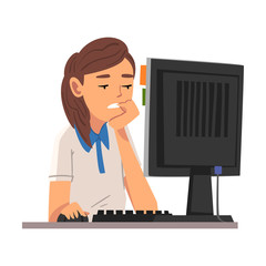 Wall Mural - Young Woman Being Bored with Her Job, Lazy Office Worker Procrastinating at Workplace, Unmotivated or Unproductive Manager Character Vector Illustration