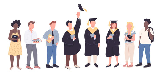 Sticker - College graduates and freshman students flat color vector faceless characters set. People with diplomas and books isolated cartoon illustrations on white background. Academic education