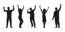 Happy People Silhouette Set. Men And Woman Rising Hands Up. Dancing Persons. Party, Success, Friendship, Celebration, Joy And Fun Concept. Vector Illustration.