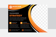 Elegant Design Template For Horizontal Flyer Use Gradient Orange Element And Black Background. A4 Size. Can Be Used As Online Banner. Company Presentation Layout. Space For Photo On The Right Place.