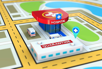 Quarantine waypoint, hospital, emergency ambulance car, heliport