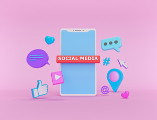 Wall Mural - social network icons with a smartphone. abstract trendy design for social media advertising. technol