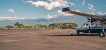 Twin Engine Propeller Plane On The Runway Of The International Airport  Of Armenia, Quindio,  Colombia.