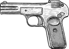 Hand Drawing Of Old Pistol Of Brauning Sistem From 1900 Year