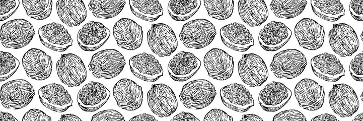 Wall Mural - Hand drawn walnuts seamless vector illustration, black ink drawing sketch pattern on white background