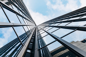 Blue skyscraper facade. office buildings. modern glass silhouettes