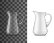 Glass jug or pitcher, vector 3D realistic tableware mockup. Water, juice or milk pitcher with handle and spout, table glassware or drinkware crockery isolated on background. Drinks and beverages jug