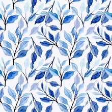 Blue Leaves Watercolor Floral Seamless Pattern