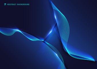 Abstract blue geometric with wavy line and lighting effect on dark background.