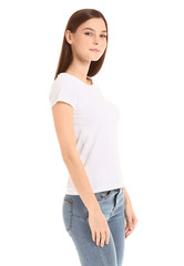 Canvas Print - Woman in stylish t-shirt on white background