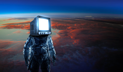 Wall Mural - astronaut with tv head in space. mixed media.