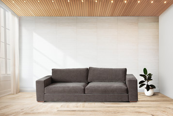 Sofa by a tiled wall