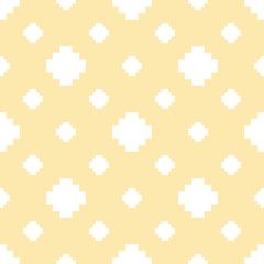 Vector minimalist floral geometric seamless pattern. Subtle white and yellow texture with small crosses, squares, flower silhouettes. Simple pixel art background. Minimal repeat decorative design