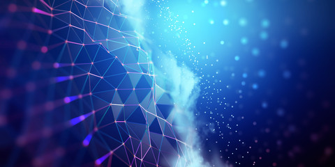 Fototapete - Big data and cybersecurity 3D illustration. Neural network and cloud technologies. Global database and artificial intelligence. Bright, colorful background with bokeh effect