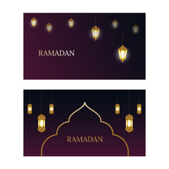 Wall Mural - Ramadan Kareem set of posters or invitations design with glowing lanterns on dark blue and violet background. Vector illustration. Place for text.