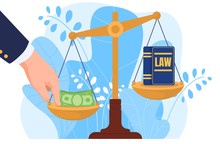 Corruption, Hand Put Money On Scale, Bribery, Law, Isolated On White, Flat Vector Illustration. Corrupt Practices In Legal System, Jurisprudence, Judicial Practice, Design Banner, Leaf Background.