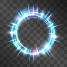 Vector Neon Blue Light Effect Circle Frame With Hazy Cog Flares. Magical Glowing Cloud Of Shining Sundogs. Glistening Energy Rings In Motion. Luxurious Miraculous Portal, Fairy Tale, Sci Fi Theme.