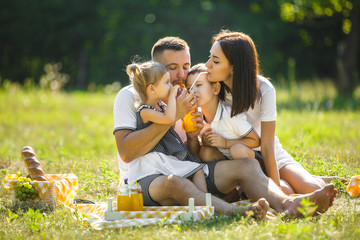 Wall Mural - Cute family on picnic. Mom and dad playing with their children outdoors in the park.