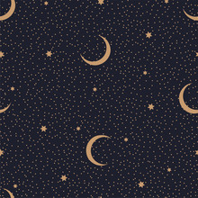 Minimalistic Seamless Abstract Pattern With Starry Sky And Moon On A Dark Background