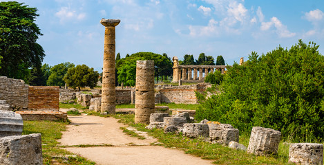 Wall Mural - Panorama of the Temple of Athena at Paestum was an ancient Greek city in Magna Graecia, southern Italy.