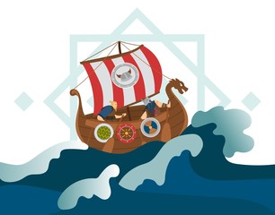 Viking character male on ship, boat, old shield, stormy sea, ocean, flat vector illustration. Journey of viking, conquering earth, exploring new land, scandinavian marine, navigator, seafarer.