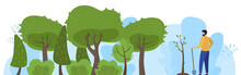 Plant Tree In Park, Male Character Save Planet, Forester Person, Flat Vector Illustration. Man Shovel Plant Bush, Sapling, Protect Nature, Clean Air. Caring For Globe Earth, Eco Friendly Activist.
