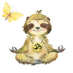 Watercolor illustration of sloth in lotus position, yoga and sloth.