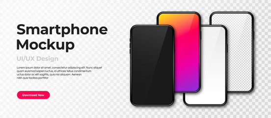 Realistic phone mockup. Set of modern phones with blank, colorful, black and transparent display. Smartphone design mockup in front view. Presentation and infographic templates. Vector