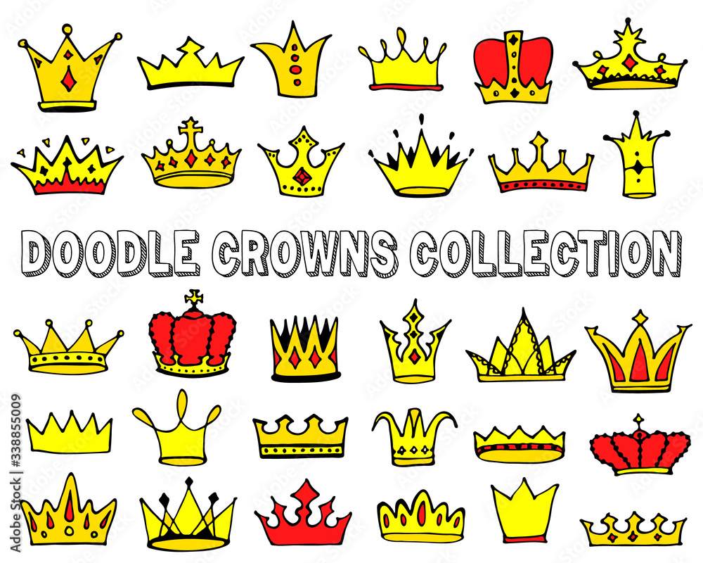 Crowns logo doodle collection. Hand drawn princess crown icons set ...