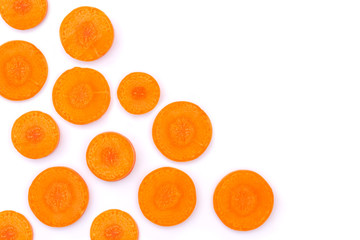 Wall Mural - Fresh organic slice of orange carrot isolated on white background. Top view. Flat lay. Copyspace for text.