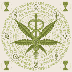 Vector banner for Legalize marijuana with cannabis leaf, Caduceus, magic runes and signs written in a circle. Natural product made from organic hemp, medical symbol. Smoking weed