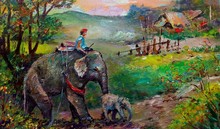 Art  Oil Painting   Elephant Family  , Rural Life , Rural Thailand  