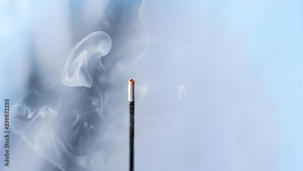 incense smoke. smoldering piece of wood . incense sticks in blue lighting. aromatic smoke . - obrazy, fototapety, plakaty 