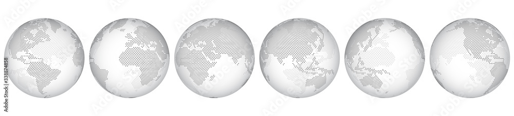 Set of six options for different locations of the globe, constructed from little hexagons. Isolated. Planet earth, abstract round map. Transparent sphere. - obrazy, fototapety, plakaty 