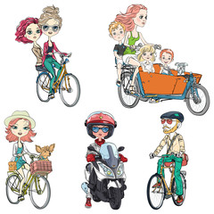 Vector set people ride a bike. Cute girl with dog, hipster young bearded man, mother with kids, two girls and girl on scooter