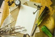 Vintage Background With Sheets Of Paper For Text,antique Fountain Pen, Pocket Watch, Old Postcards And Letters, Antique Keys And Scissors, Green Plants, Pussy-willow Twigs. Flat Lay,copy Space,