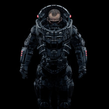Cyberpunk Soldier Portrait / 3D Illustration Of Male Science Fiction Heavily Armoured Military Astronaut Isolated On Black Background