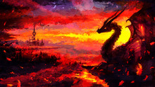 The Majestic Silhouette Of A Horned Dragon Lying Peacefully On A Mountain Amid A Bright Fiery Sunset, And A Castle On A Hill In The Distance. 2d Illustration.