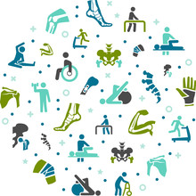 Physiotherapy / Orthopaedics Vector Illustration. Concept With Connected Icons Related To Skeletal And Bone Anatomy, Physical Therapy Or Chiropractic Treatment.