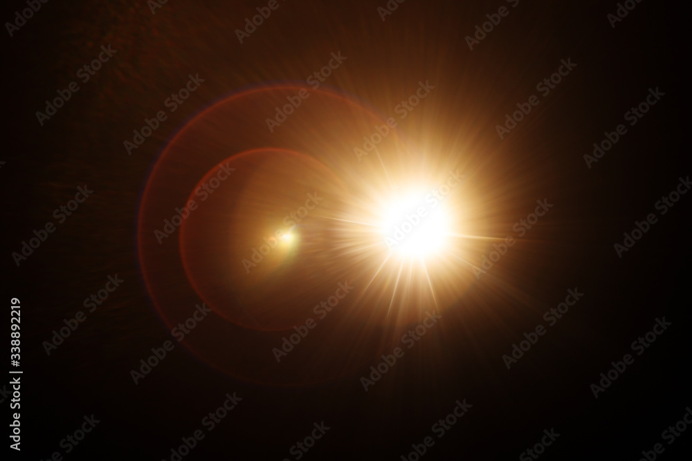 Easy to add lens flare effects for overlay designs or screen blending mode to make high-quality images. Abstract sun burst, digital flare, iridescent glare over black background. - obrazy, fototapety, plakaty 
