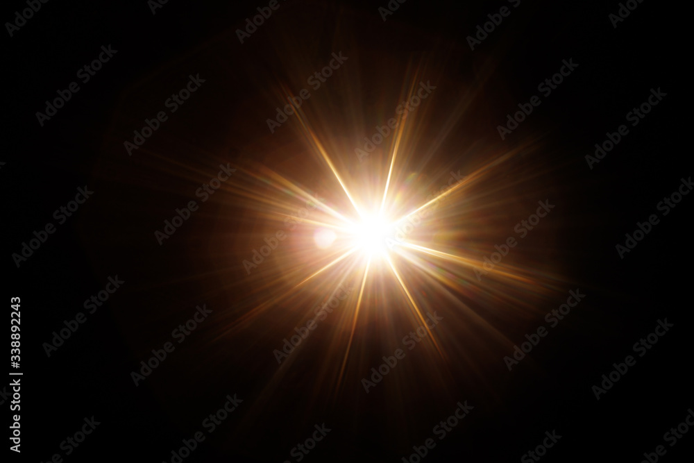Easy to add lens flare effects for overlay designs or screen blending mode to make high-quality images. Abstract sun burst, digital flare, iridescent glare over black background. - obrazy, fototapety, plakaty 