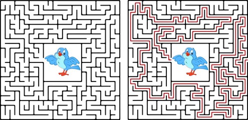 Maze game or activity page for kids Help every bird to get back to the birdhouse village. Answer included.