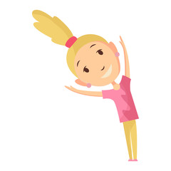 Fitness sport. girl posing and making gymnastic exercises. Funny cartoon colorful character. Cute gymnastics for children and healthy lifestyle sport illustration. Vector happy kid fitness