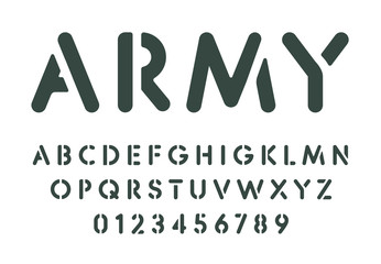 Poster - Stencil letters and numbers set. Spray paint stencil template, simple military style alphabet. Font for messages on wall, army or combat games. Vector typography design.